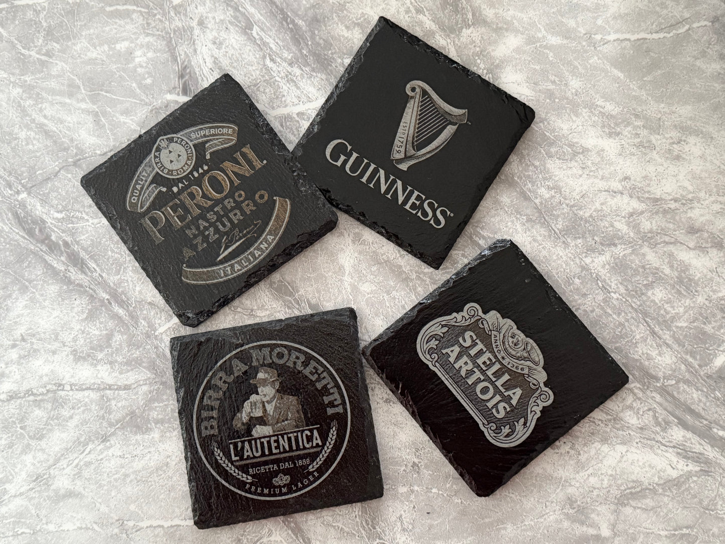 Set of 4 Iconic Beer Mats – Peroni, Birra Moretti, Guinness, Stella Artois, Beers of the World